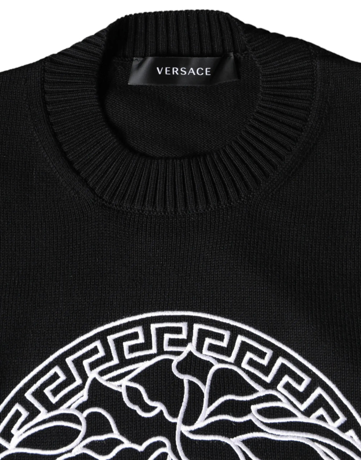 Pull tricoté noir versace medusa brodée blanc avec bordure grecque col rond homme