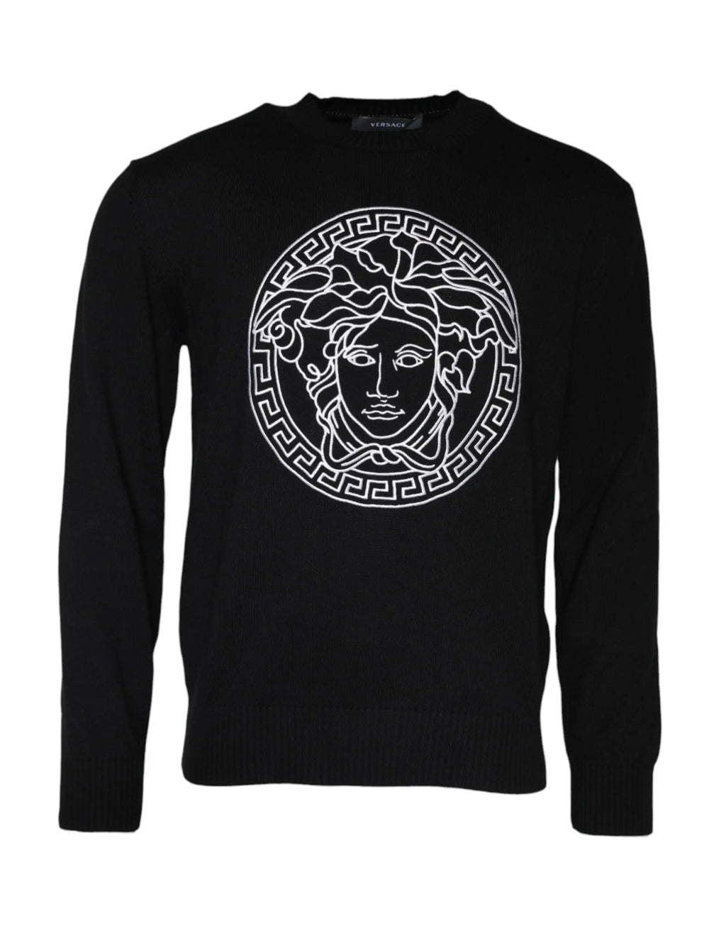 Pull gris versatile versace avec logo medusa brodé blanc sur fond noir manches longues et col rond