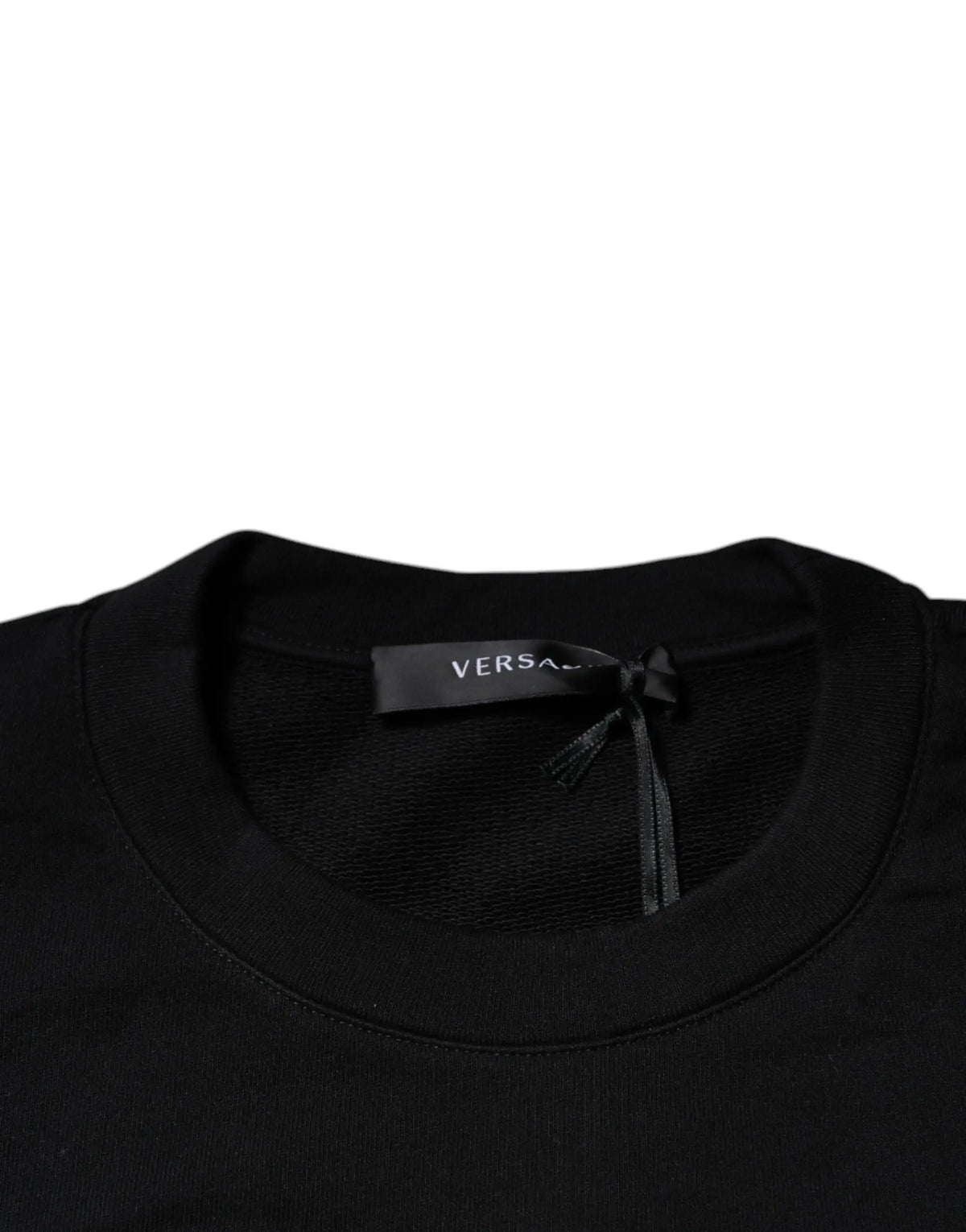 T-shirt versace noir col rond côtelé avec broderie médusa et étiquette marque nouée en nœud papillon