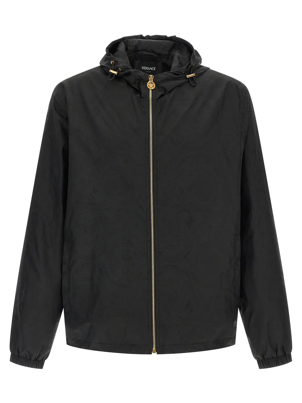 Versace veste à capuche noire en nylon avec fermeture éclair dorée et cordons réglables