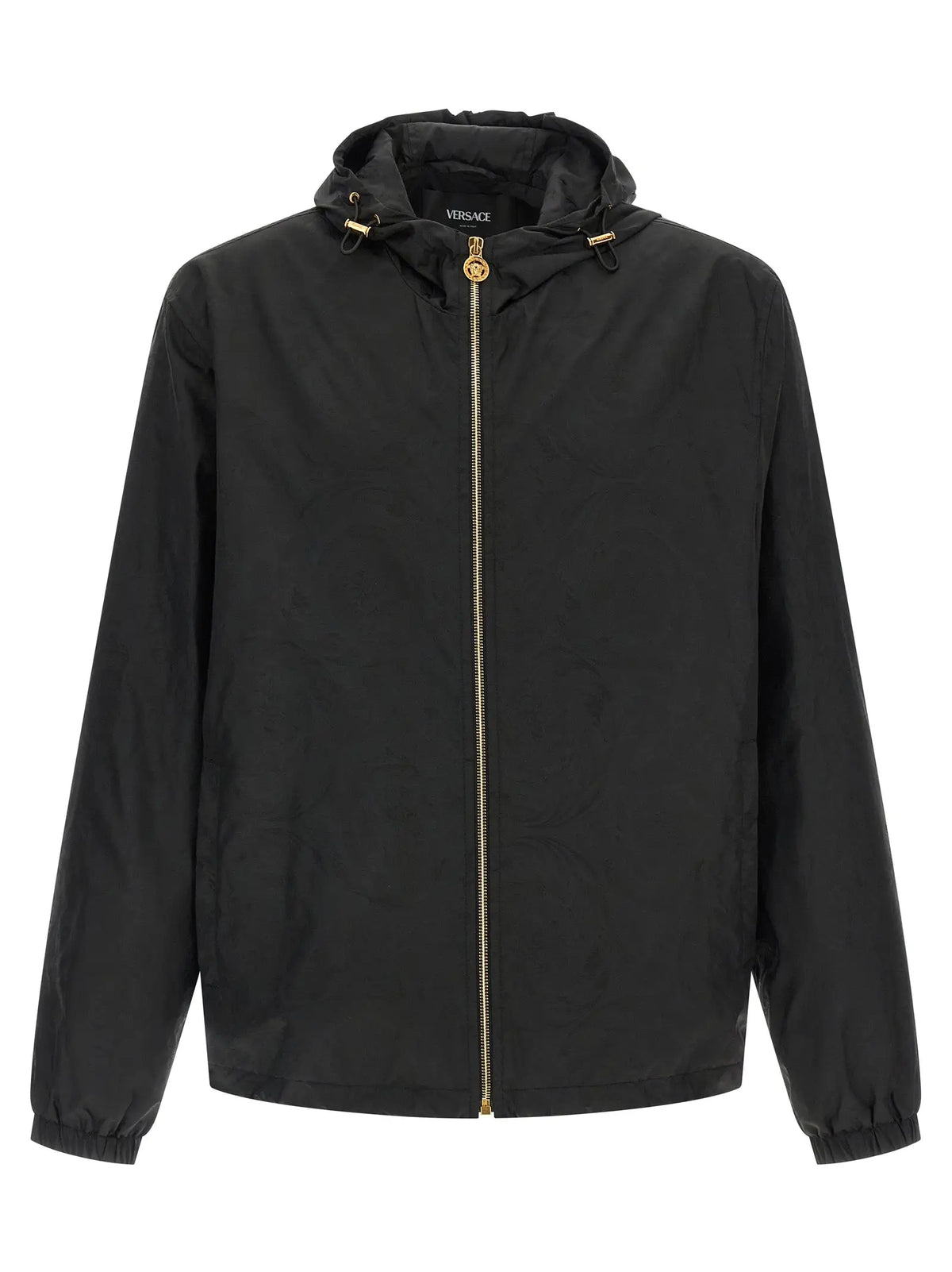 Versace veste à capuche noire en nylon avec fermeture éclair dorée et cordons réglables