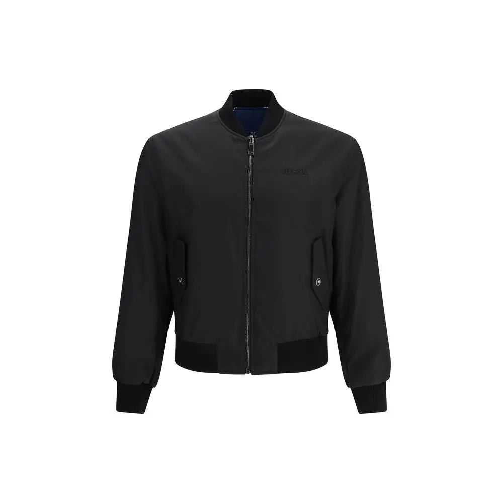 Versace black polyamide bomber jacket with subtle chest logo and ribbed cuffs