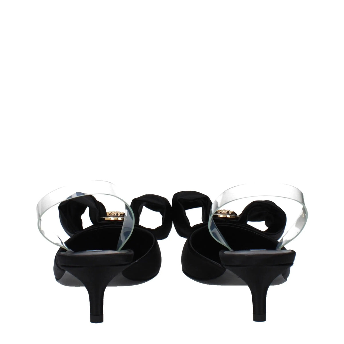 Mules noires en velours versace avec bride transparente et boucle dorée sandales plates en satin