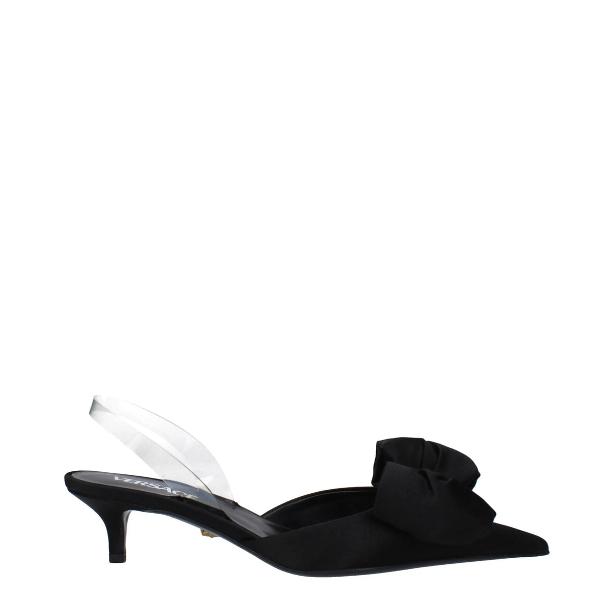 Sandales plates versace noires en satin avec bride slingback transparente et grand nœud volanté au bout