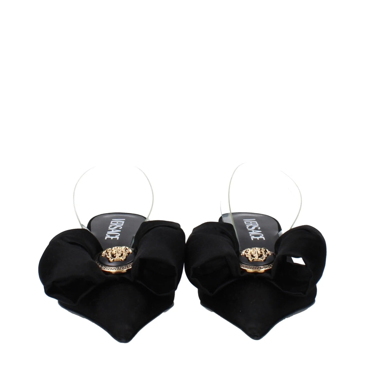 Sandales plates versace noires en satin avec nœud, brides transparentes et emblème medusa doré