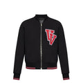 Versace bomber noir en laine vierge avec logo brodé rouge et blanc vv et poignets et ourlet rayés assortis