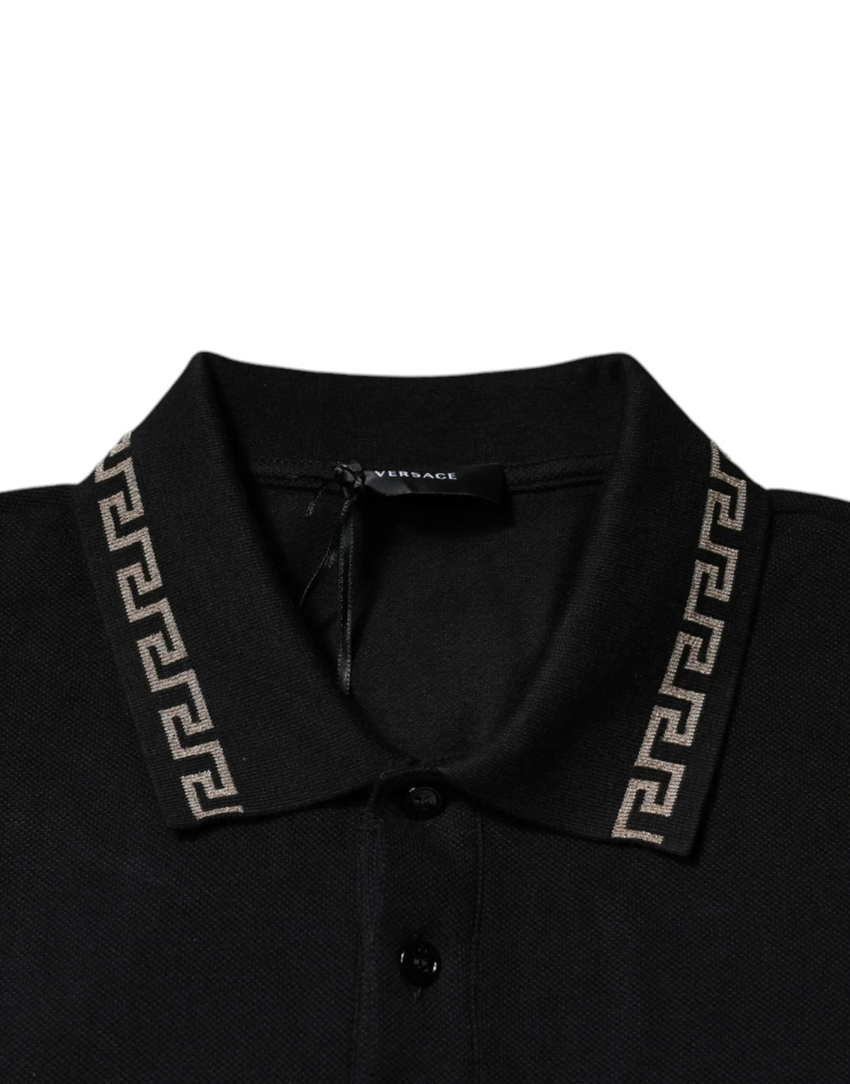 Versace polo noir en viscose avec col classique et broderie grecque argentée sur les bords manches courtes