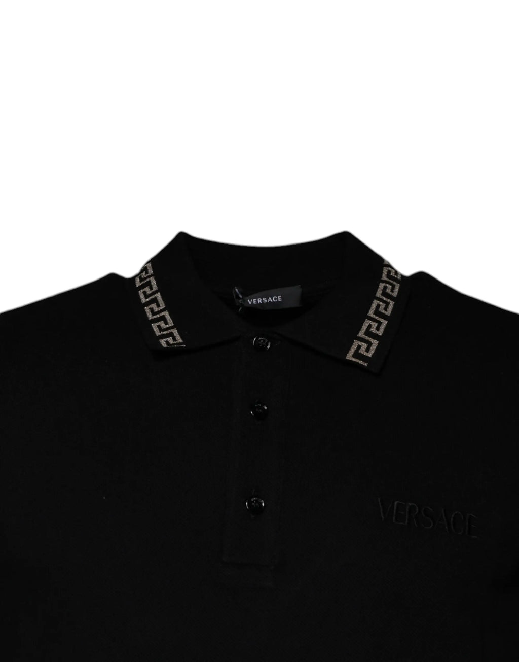 Polo versace noir en viscose avec col classique, broderie grecque argentée et boutons noirs assortis