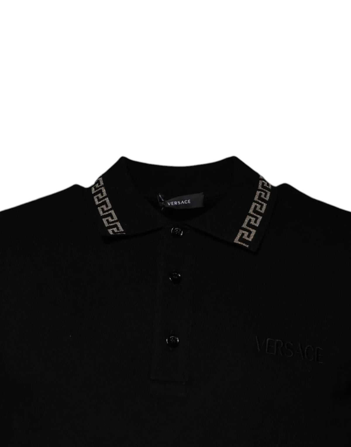 Polo versace noir en viscose avec col classique, broderie grecque argentée et boutons noirs assortis