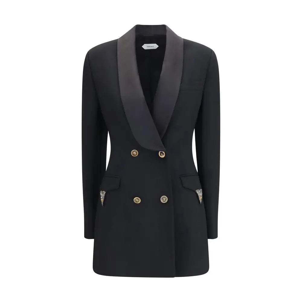 Blazer noir double boutonnage versace en laine avec revers en satin et boutons tête de meduse dorés