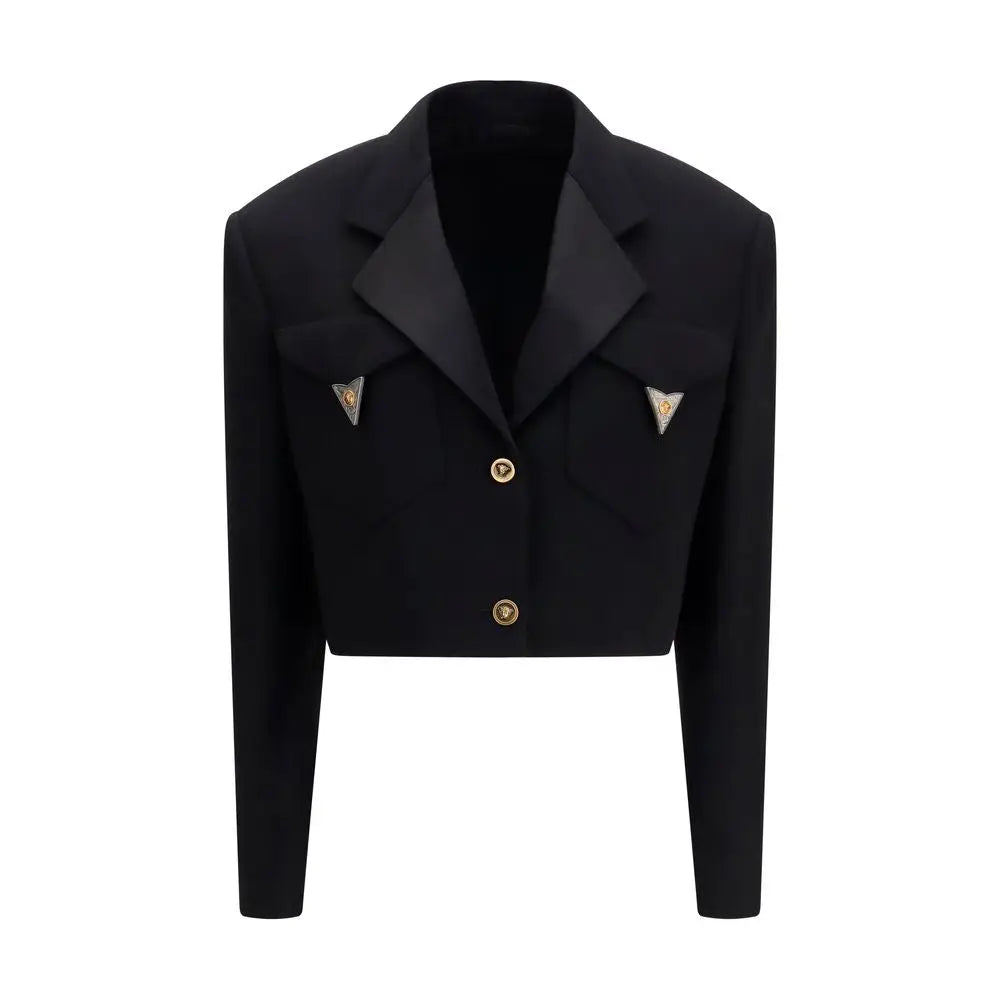 Blazer court noir versace en laine avec boutons dorés et broches métalliques triangulaires sur les poches poitrine
