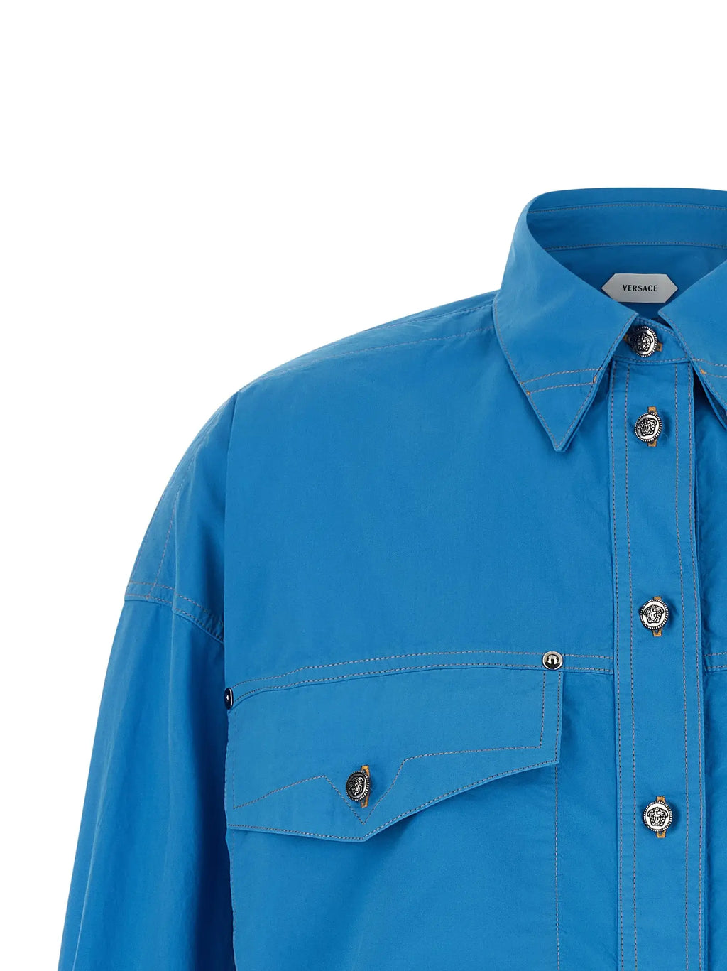 Chemise boutonnée blue versace en coton avec boutons tête de méduse argentés et coutures assorties