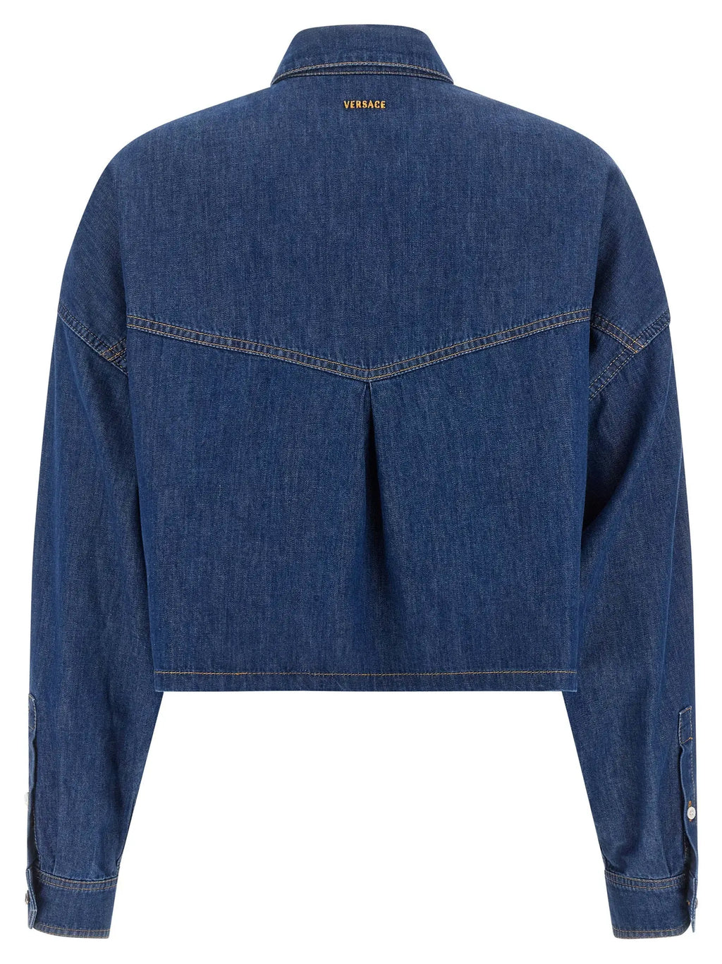 Chemise courte en denim bleu versace en coton avec col et logo versace brodé en or au dos du cou