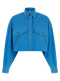Versace blouse en coton bleu vif cropée avec col classique, boutonnage devant et deux poches poitrine