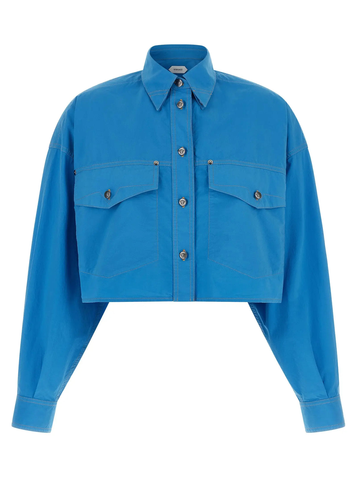 Versace blouse en coton bleu vif cropée avec col classique, boutonnage devant et deux poches poitrine