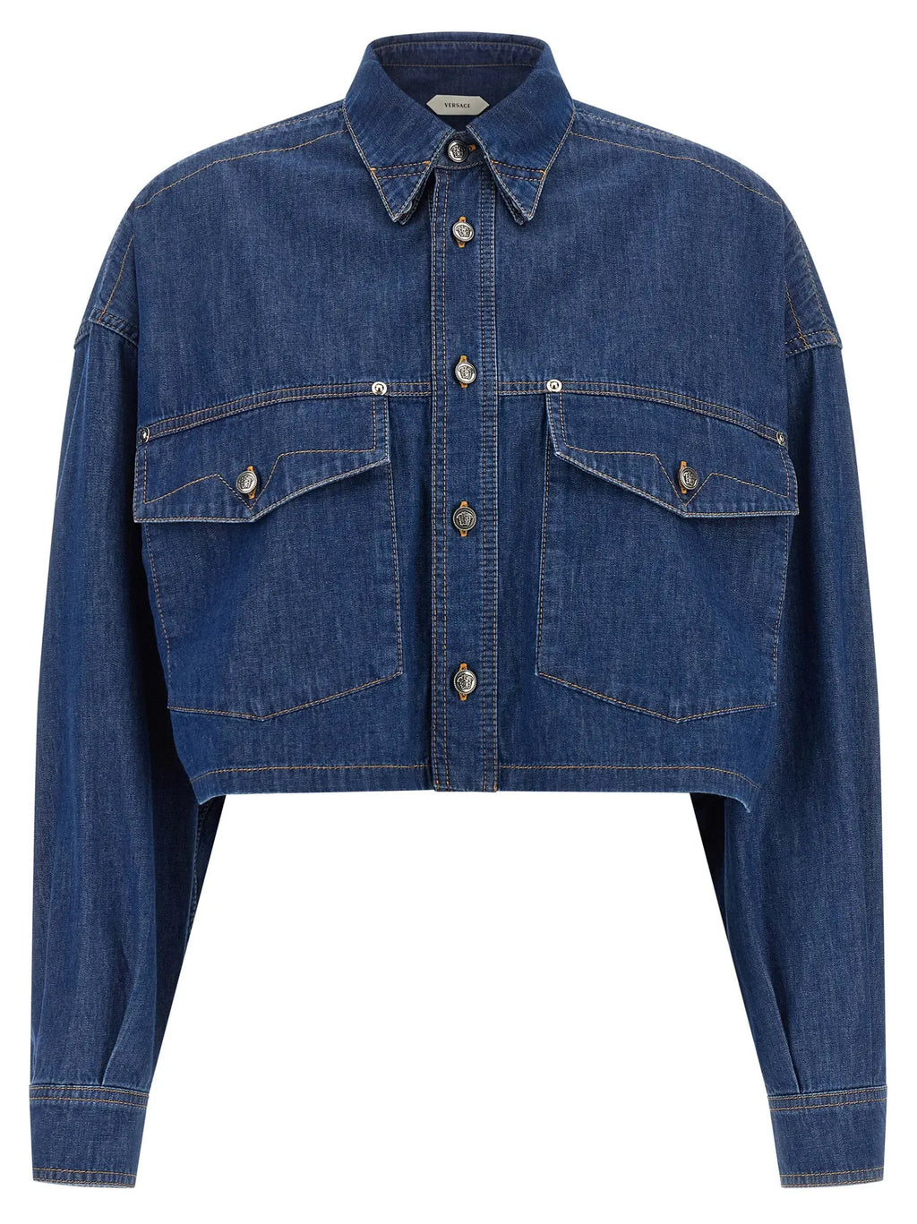 Veste en jean courte versace bleue à manches longues en coton avec boutons argentés et poches poitrine
