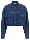 Veste en jean courte versace bleue à manches longues en coton avec boutons argentés et poches poitrine