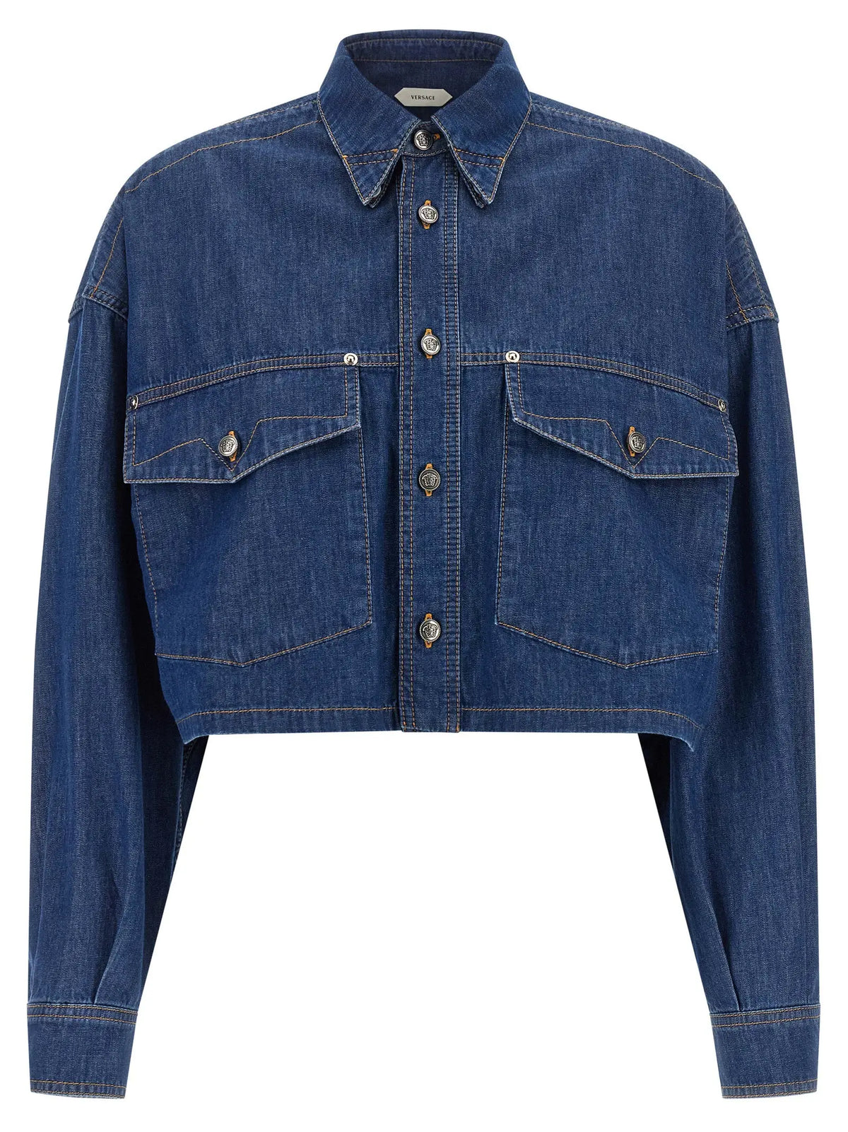 Veste en jean courte versace bleue à manches longues en coton avec boutons argentés et poches poitrine