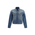 Veste en denim bleu versace en coton avec col classique, fermeture frontale à boutons et deux poches poitrine