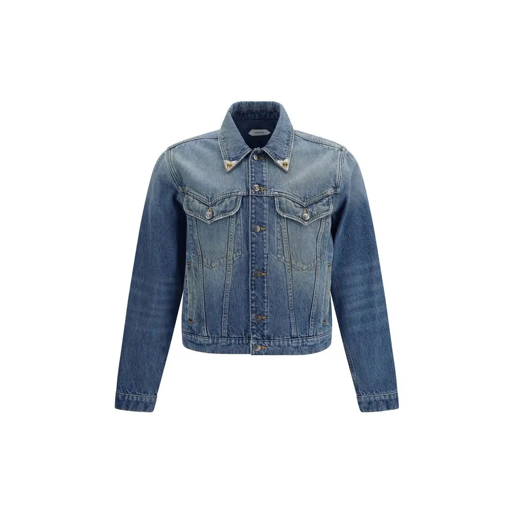 Veste en denim bleu versace en coton avec col classique, fermeture frontale à boutons et deux poches poitrine