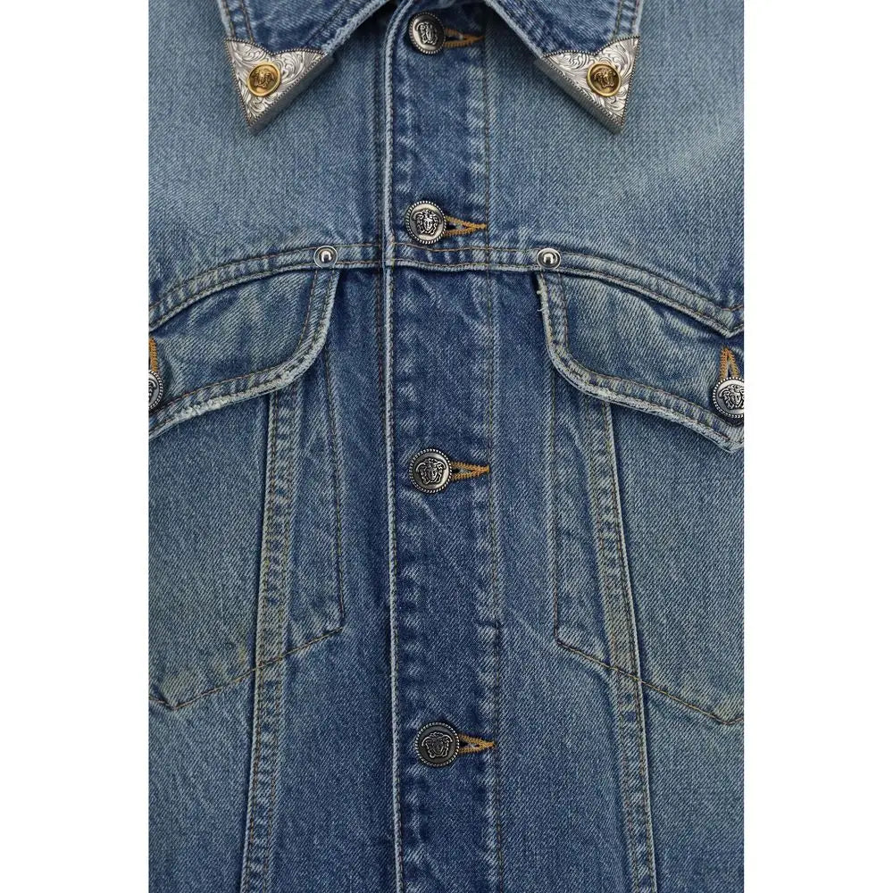 Veste en denim bleu versace en coton avec boutons tête de méduse ton argent et or