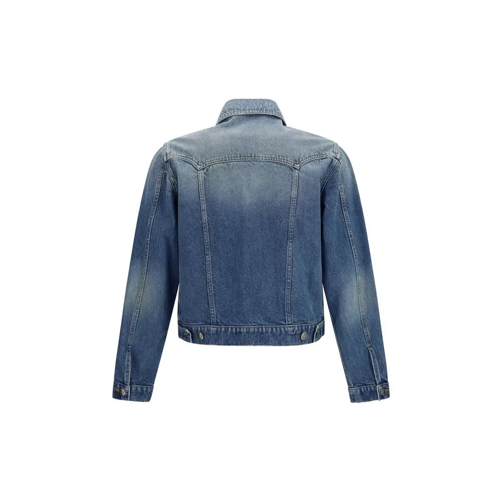Veste en denim bleu versace en coton avec col classique et poignets à boutons en jean lavé moyen