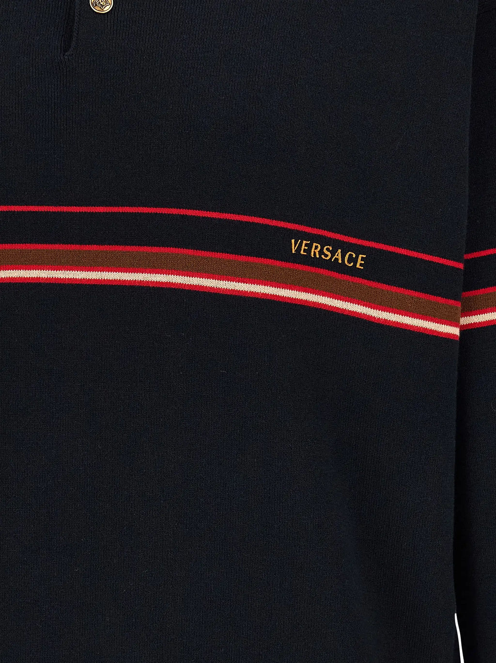 Polo en coton versace bleu marine avec bande rayée rouge blanc marron et logo brodé or