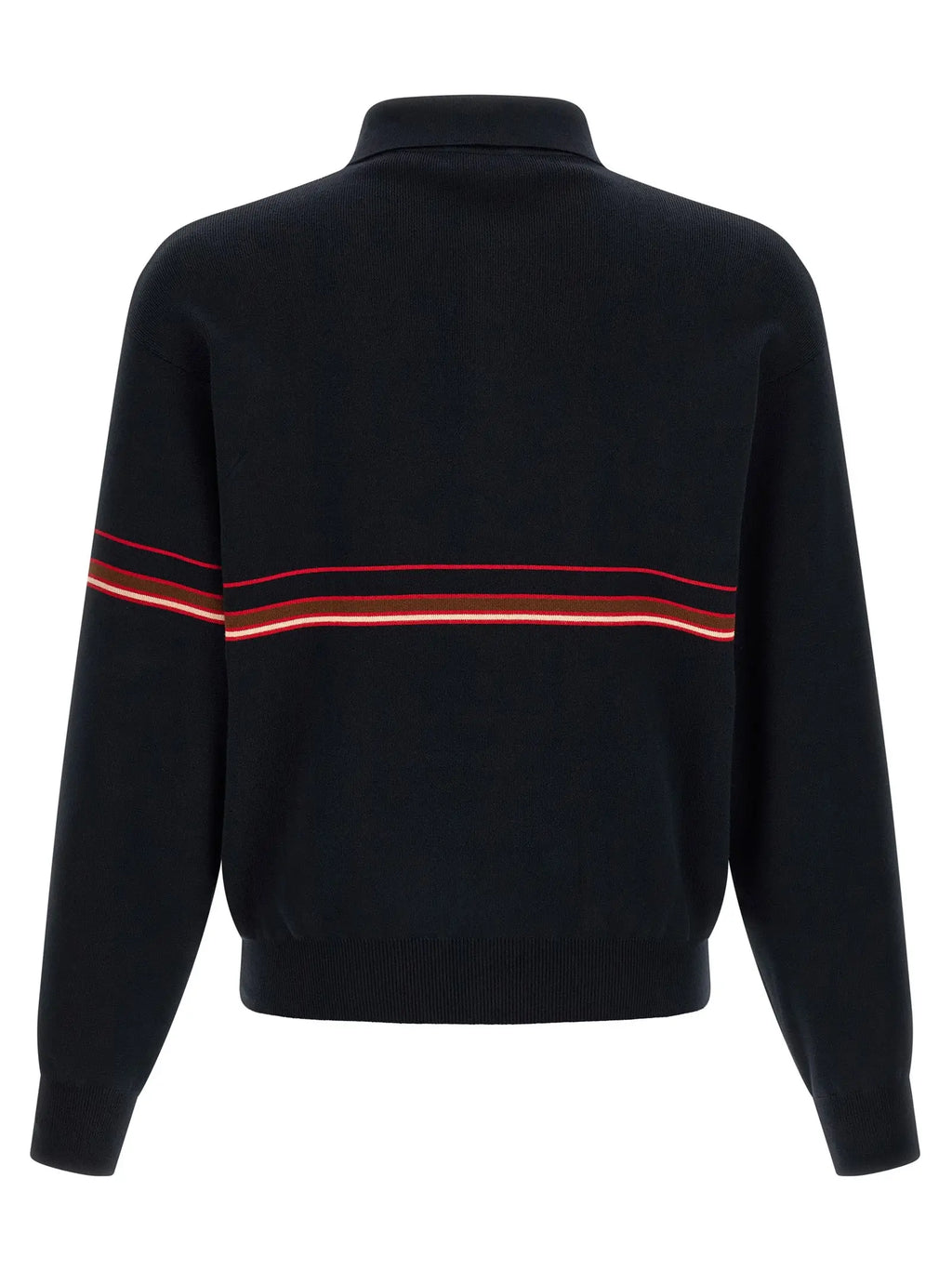 Vue arrière d’un pull en maille noir avec col, poignets et ourlet côtelés et rayures horizontales rouges et orange