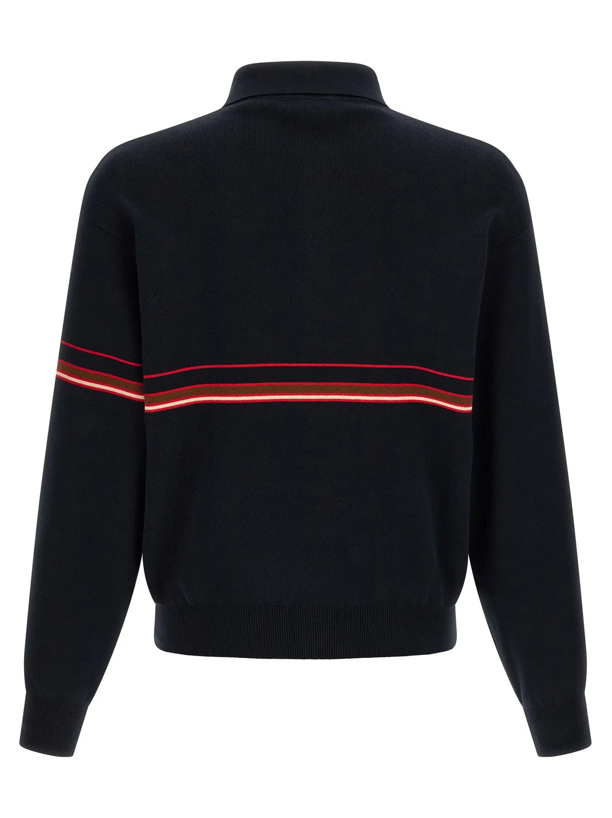 Vue arrière d’un pull en maille noir avec col, poignets et ourlet côtelés et rayures horizontales rouges et orange