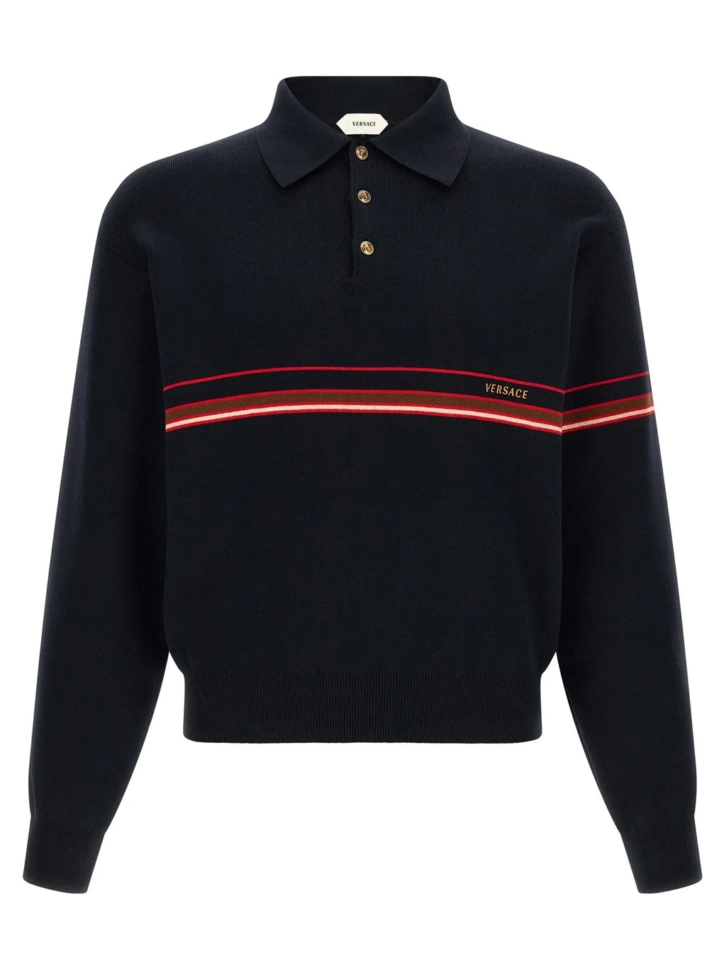 Versace polo bleu en coton avec bande rouge blanche et broderie versace sur un pull noir en maille