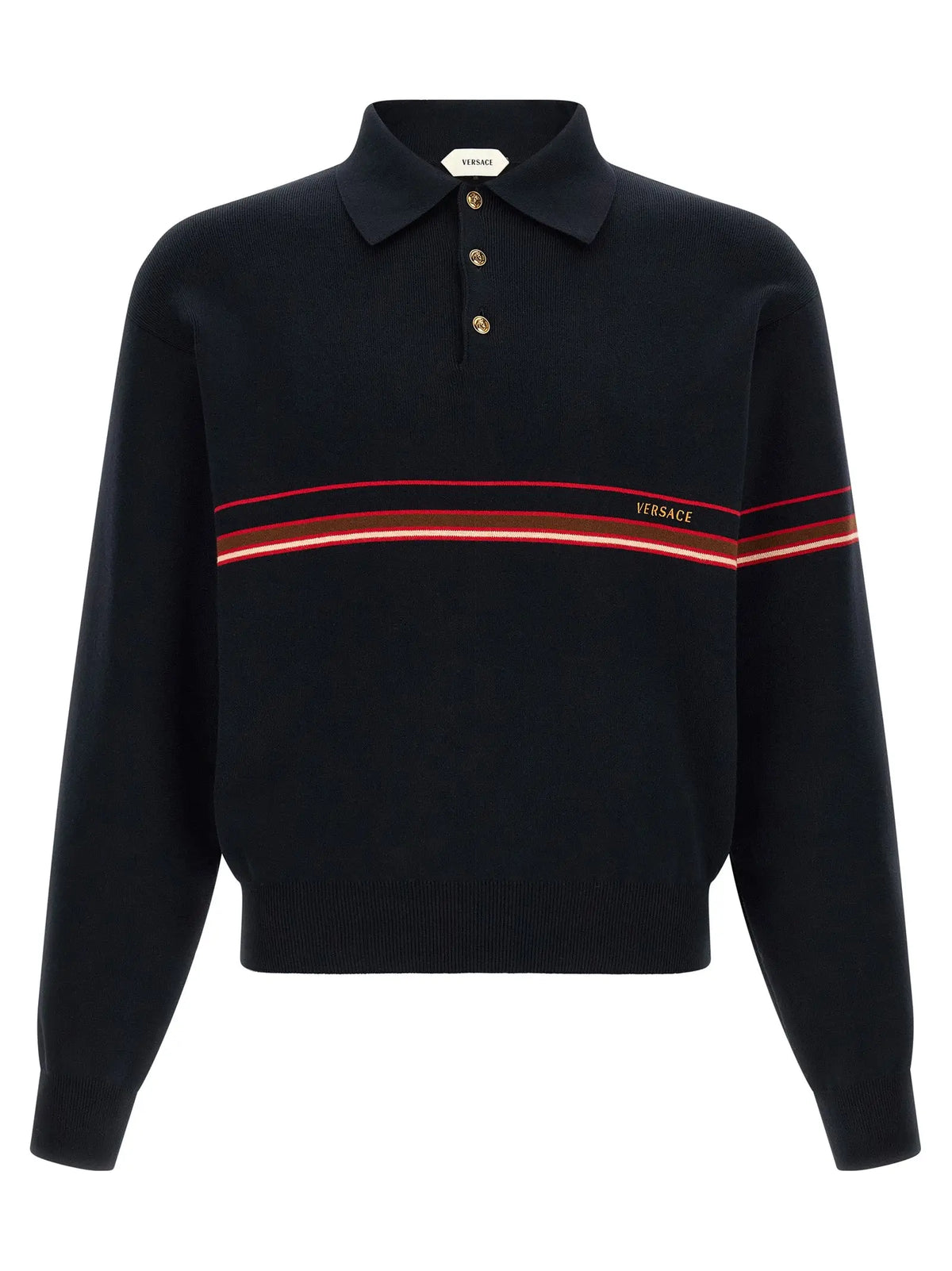 Versace polo bleu en coton avec bande rouge blanche et broderie versace sur un pull noir en maille