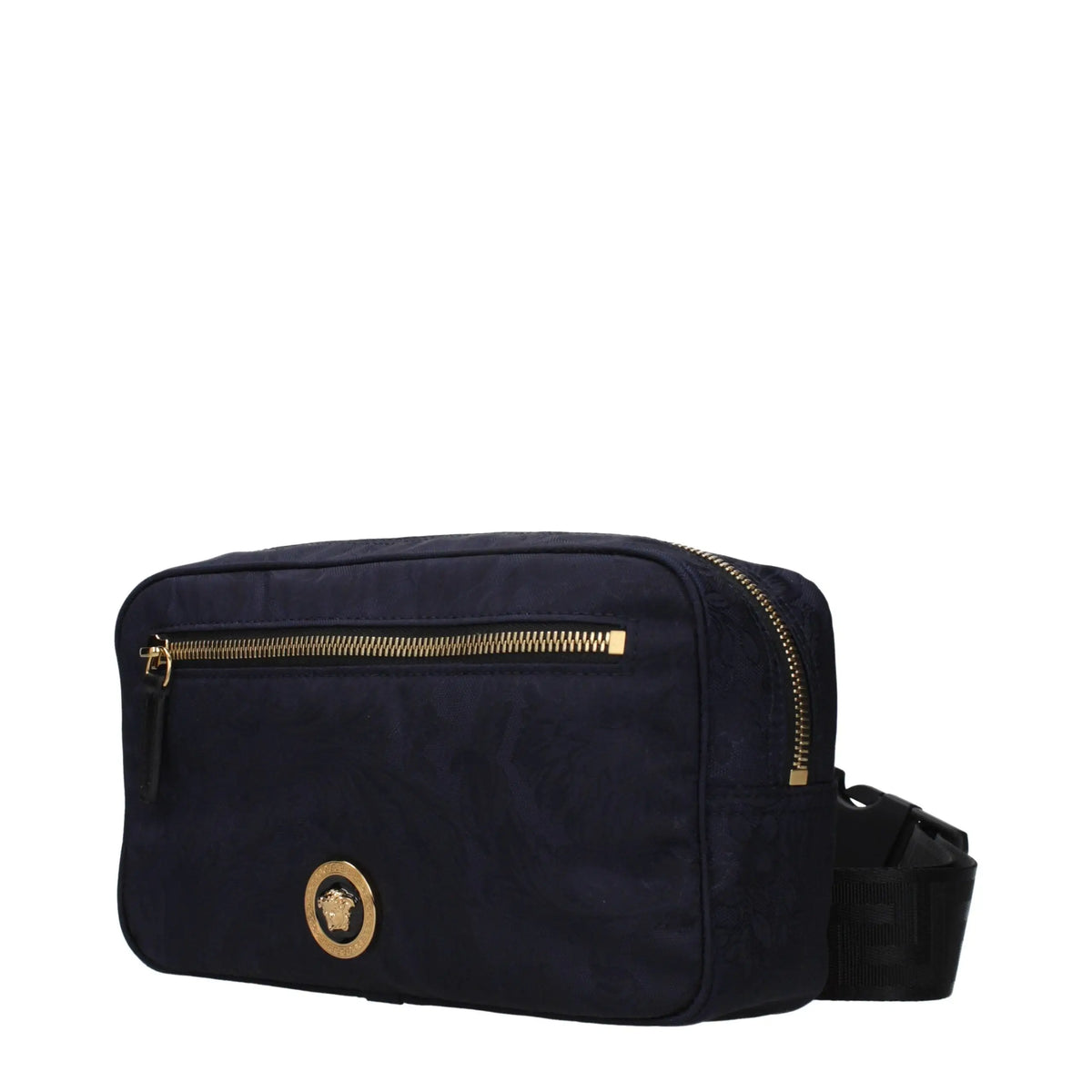 Versace sac banane bleu foncé en tissu avec fermetures éclair dorées et logo méduse circulaire doré