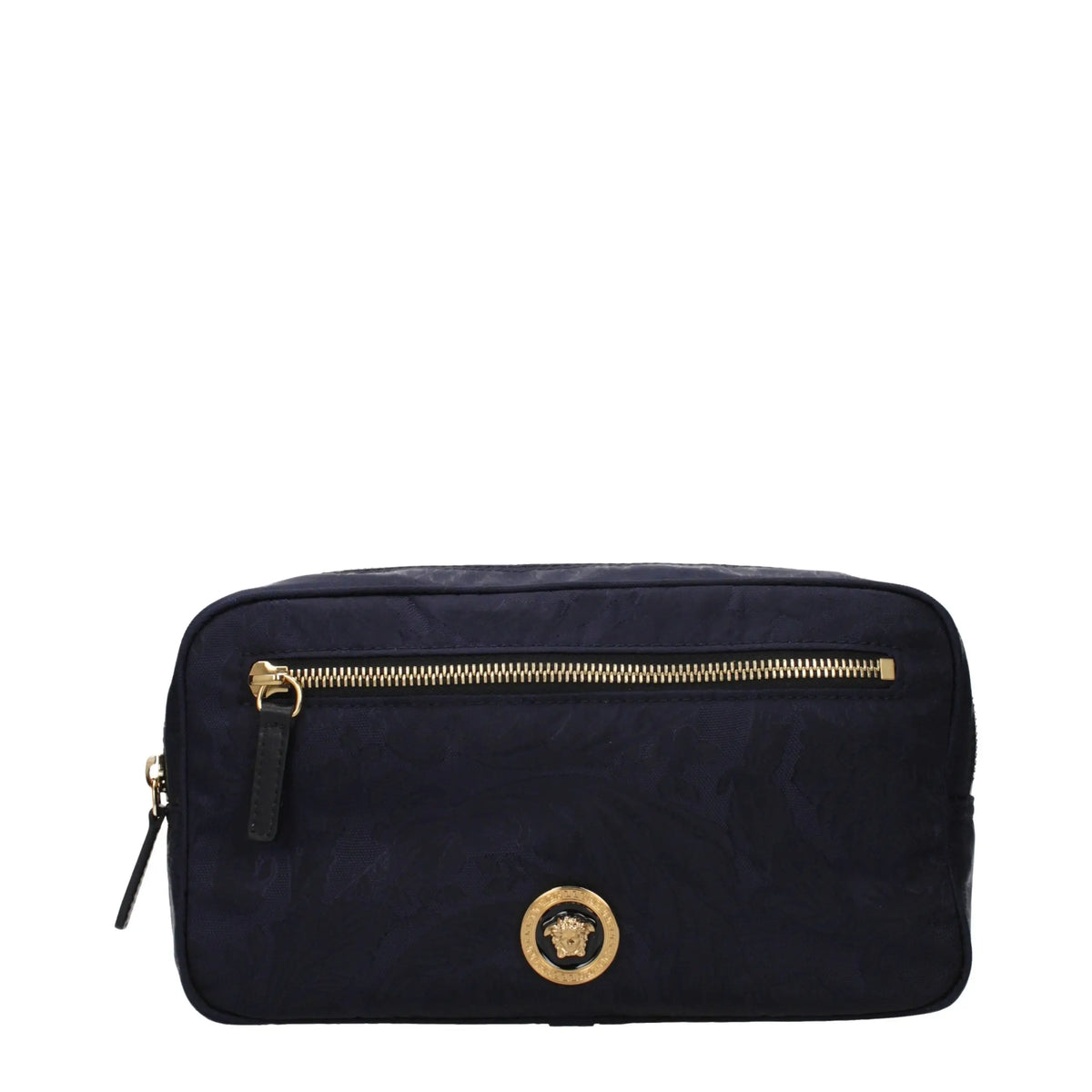 Sac à dos versace bleu en tissu avec trousse de toilette en nylon bleu foncé et fermeture éclair dorée medusa