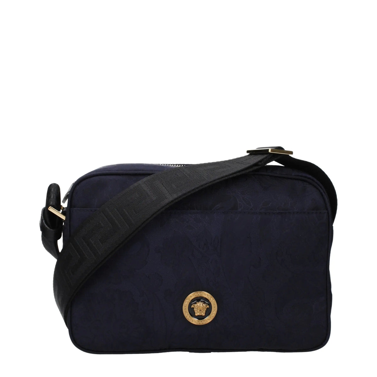Sac bandoulière versace bleu marine en tissu avec sangle noire et embleme medusa dore