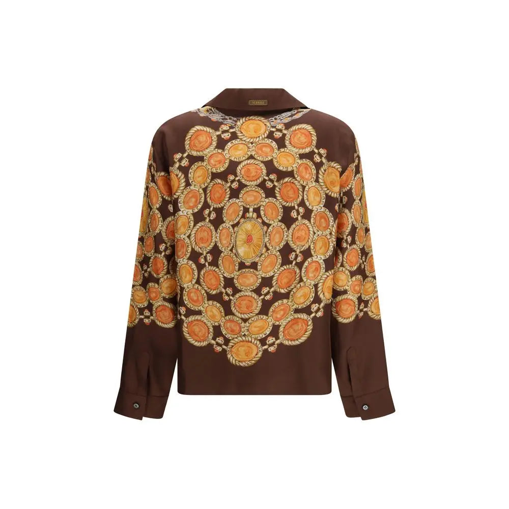 Blouse en soie marron versace avec motif symétrique audacieux de médaillons orange et or détaillés en corde