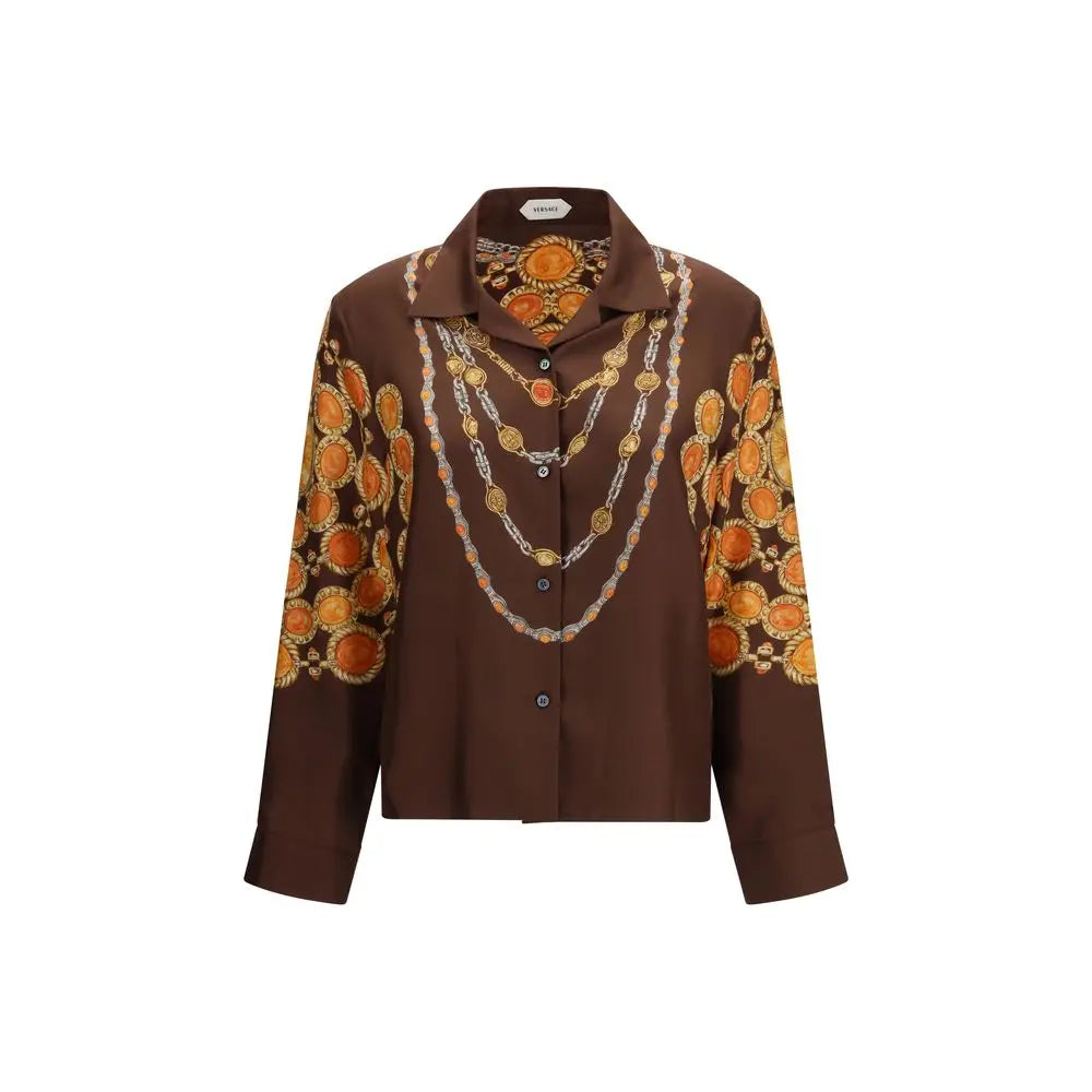 Versace chemise en soie marron avec imprimé chaîne dorée et orange et motifs médaille circulaire
