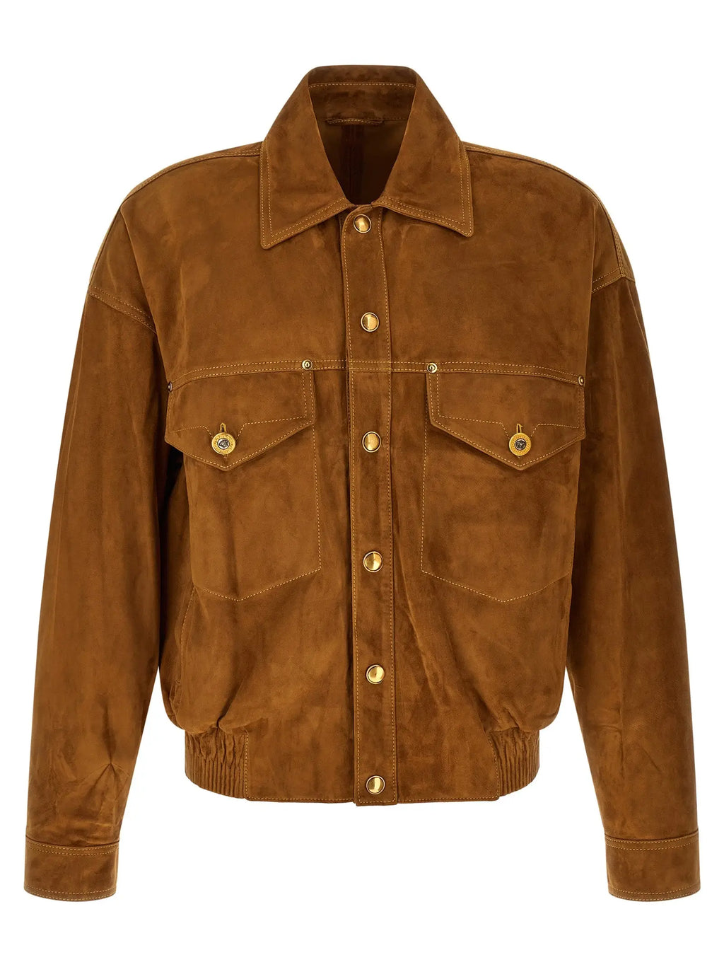 Veste bomber en daim marron versace avec boutons dorés et deux poches à rabat avant en cuir dagneau