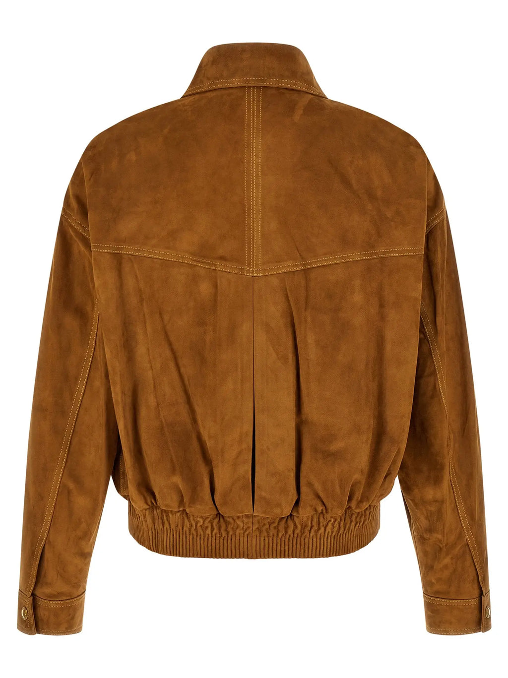 Veste en cuir dagneau marron versace avec veste bomber en suède marron à taille côtelée et couture assortie