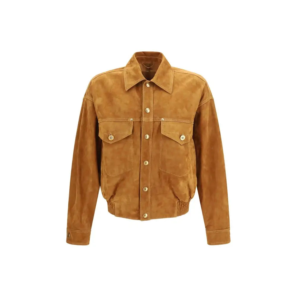 Veste en cuir versace marron en peau dagneau ovis aries avec col classique, fermeture boutons et deux poches poitrine