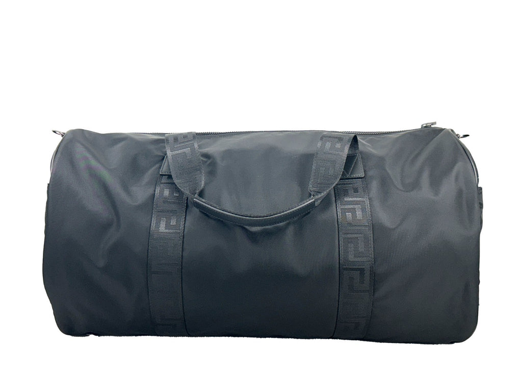 Sac de voyage en nylon noir Versace Medusa grand format avec logo Medusa et poignées robustes, style élégant et pratique.