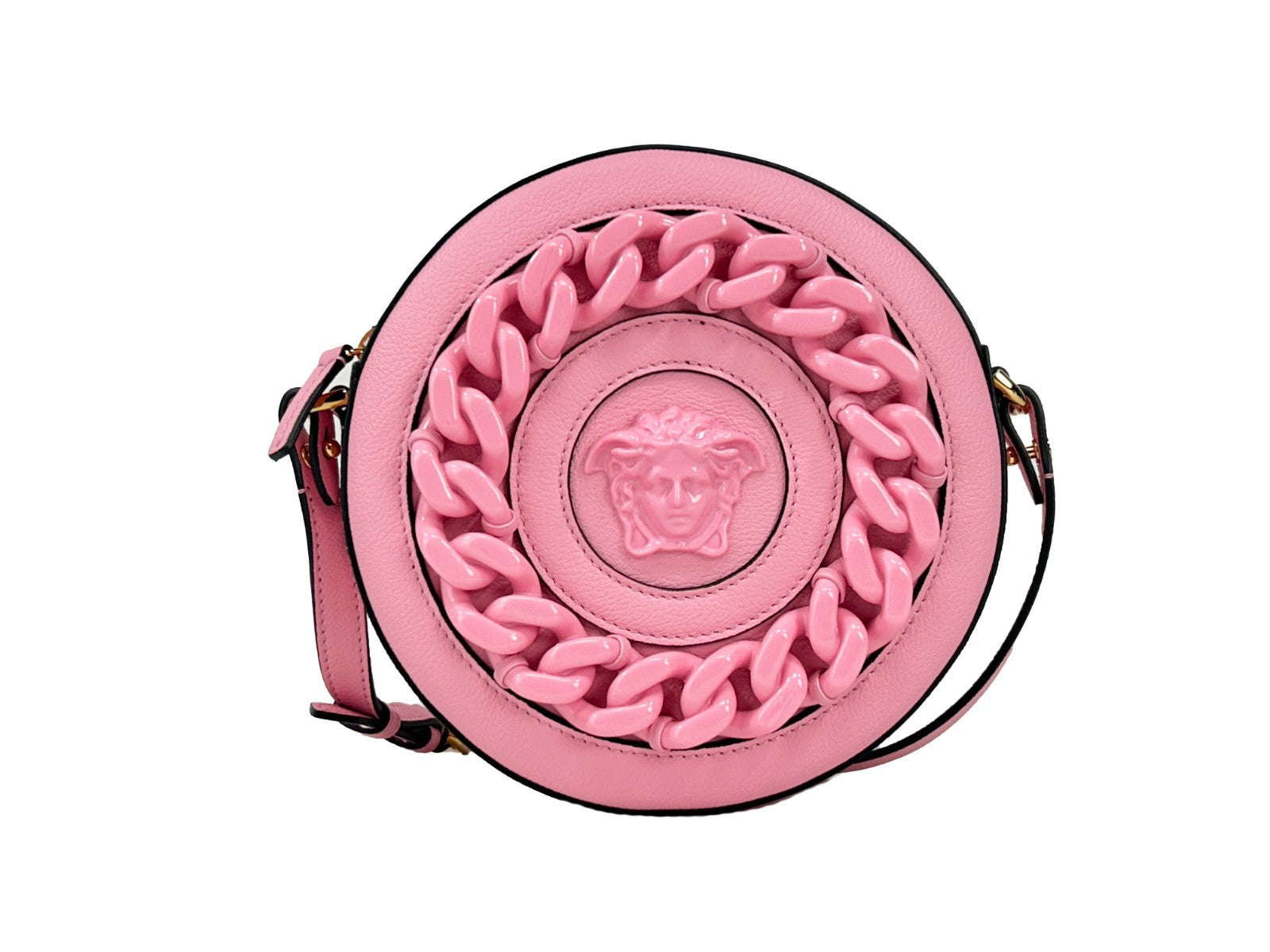 Sac à bandoulière rond Versace Disco en cuir, design élégant avec motif à pois, idéal pour transporter une caméra.