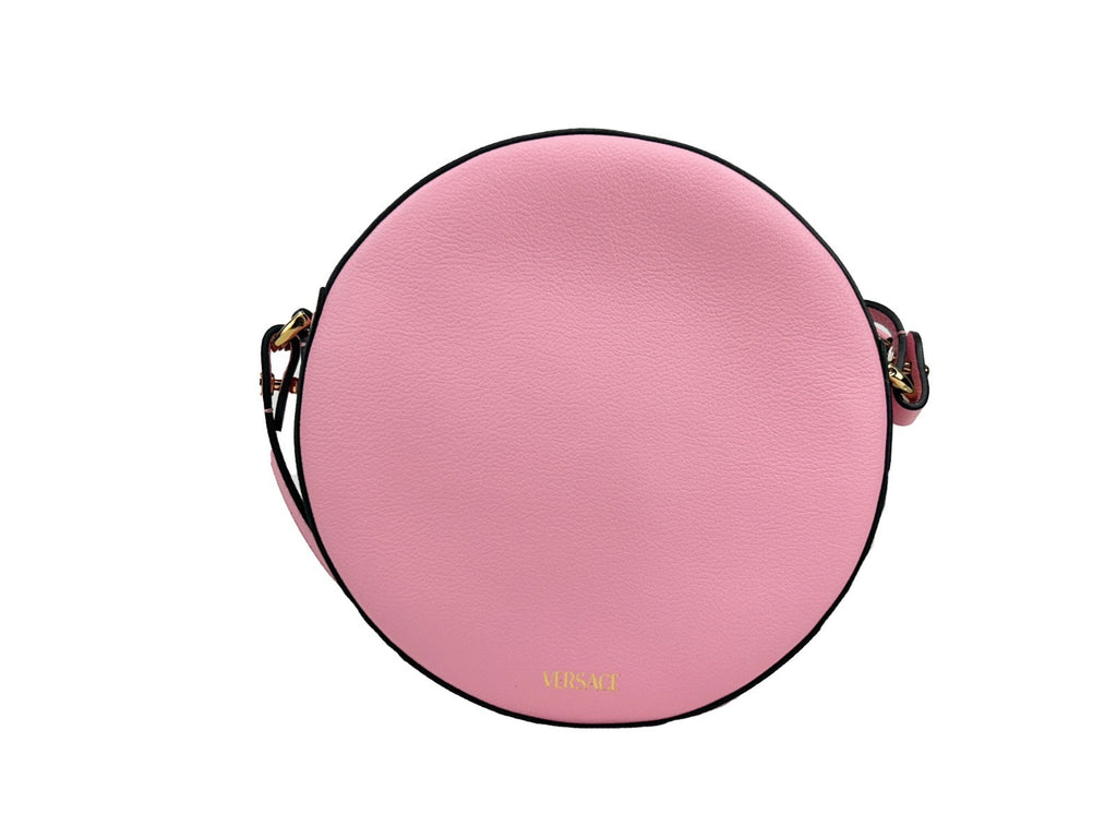 Sac à bandoulière Versace rond disco en cuir avec poche pour appareil photo, style élégant et moderne.