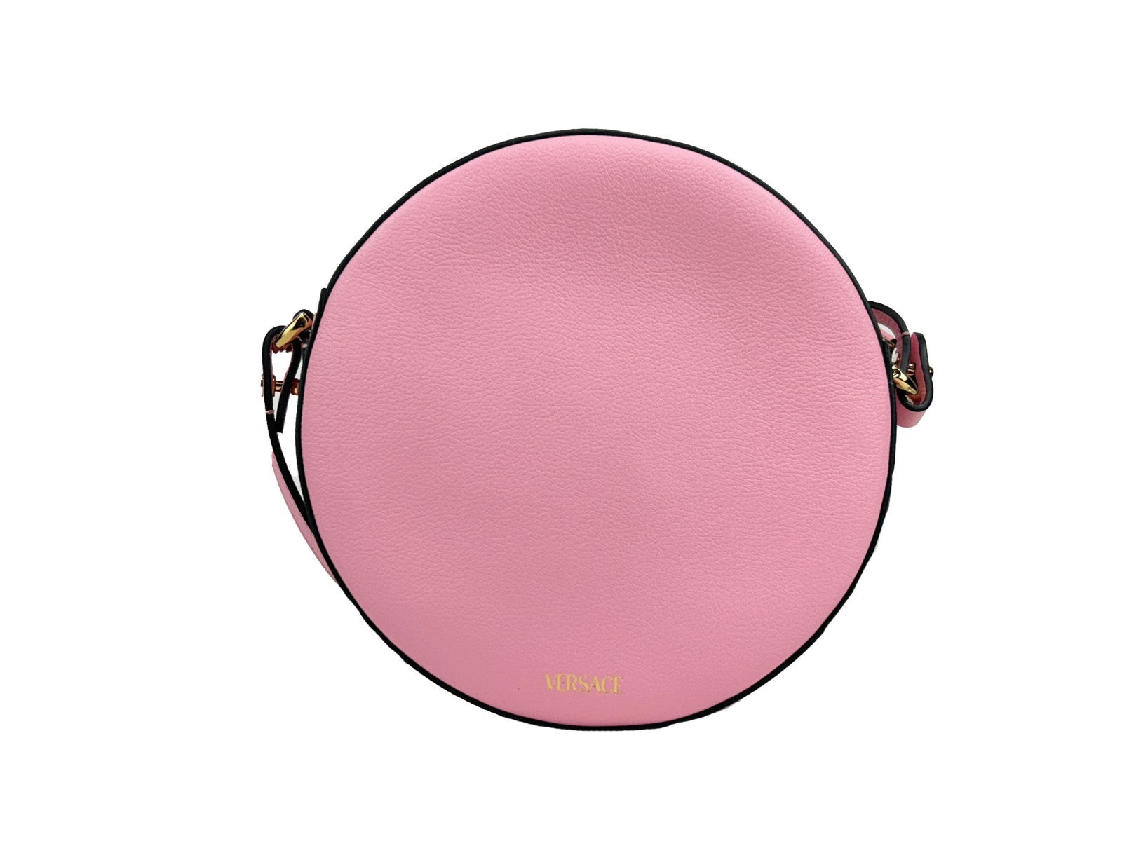 Sac à bandoulière Versace rond disco en cuir avec poche pour appareil photo, style élégant et moderne.