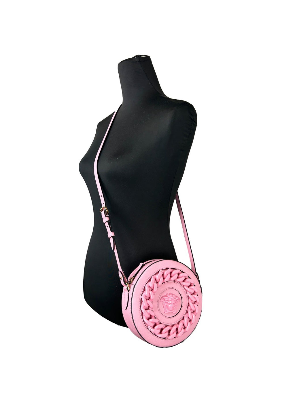 Sac à main rond en cuir disco Versace avec bandoulière, design élégant et moderne, idéal pour sortir ou voyager.