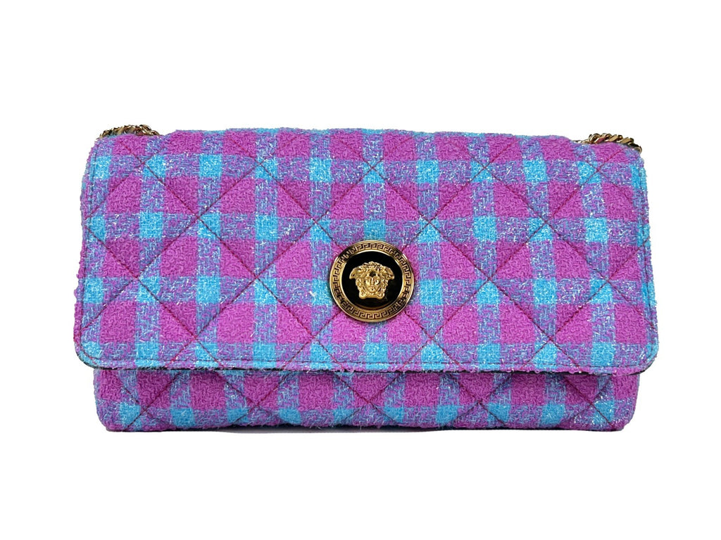 Sac à bandoulière moyen en laine et lurex Versace, avec logo et détails élégants visible sur le sac.