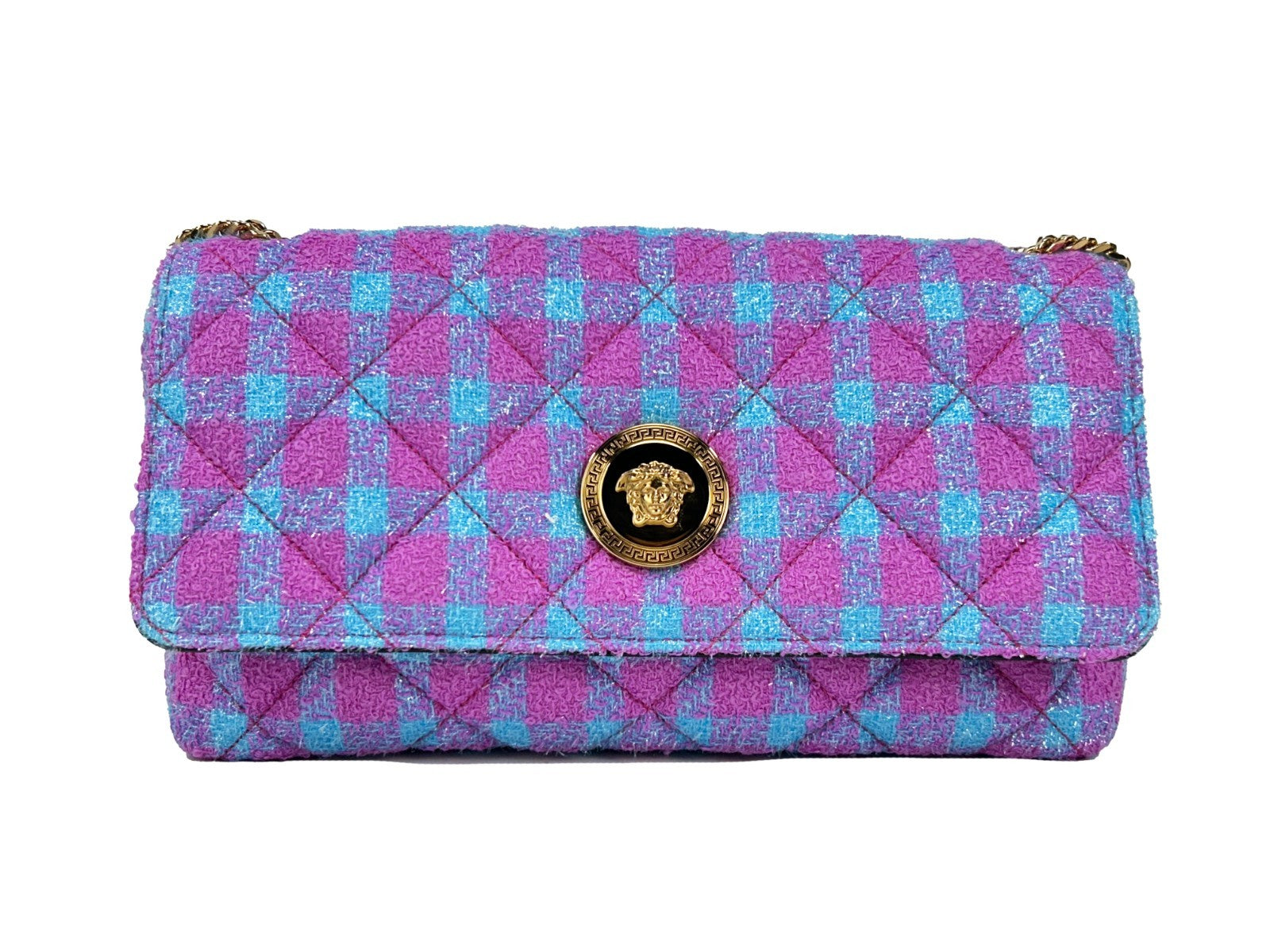 Sac à bandoulière moyen en laine et lurex Versace, avec logo et détails élégants visible sur le sac.