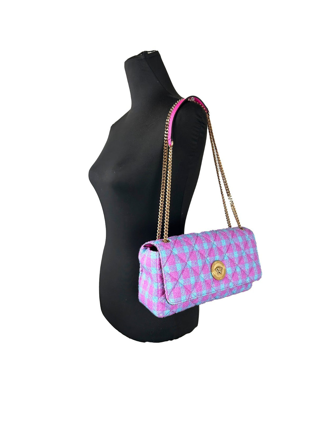 Sac à bandoulière moyen en laine et lurex Versace, design élégant avec détails métalliques et logo distinctif.