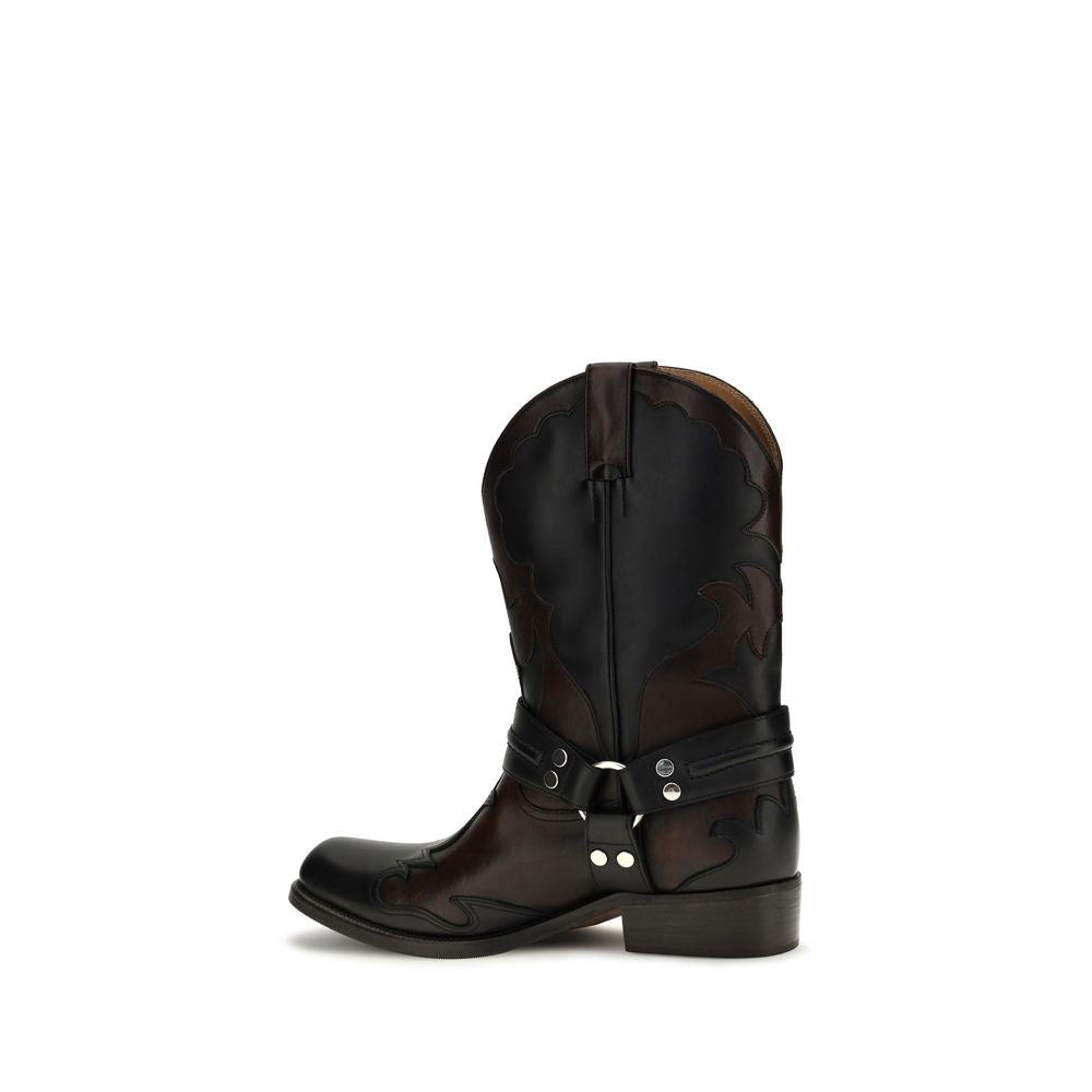 Bottes Bos Taurus en cuir de veau noir de la marque Versace, avec design élégant et finition de luxe.