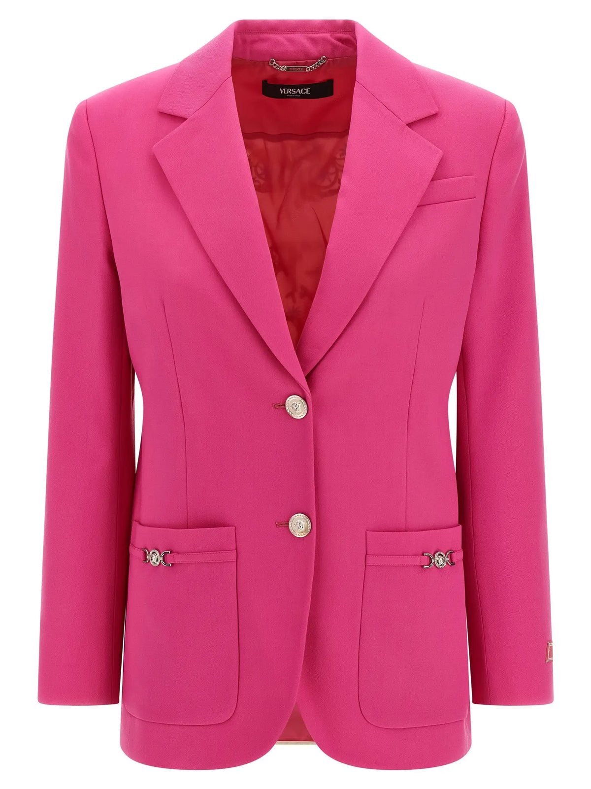 Blazer versace fuchsia en laine vierge avec boutons argentés et attaches métalliques décoratives sur les poches avant
