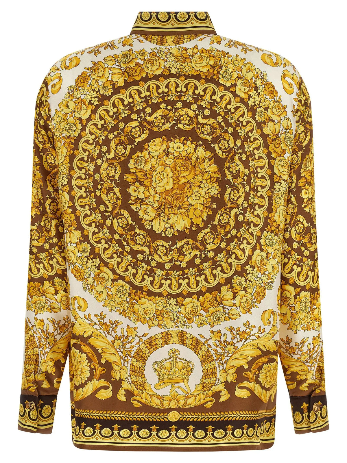 Dos dune blouse versace en soie dorée et marron à manches longues avec motif floral et écusson couronne central